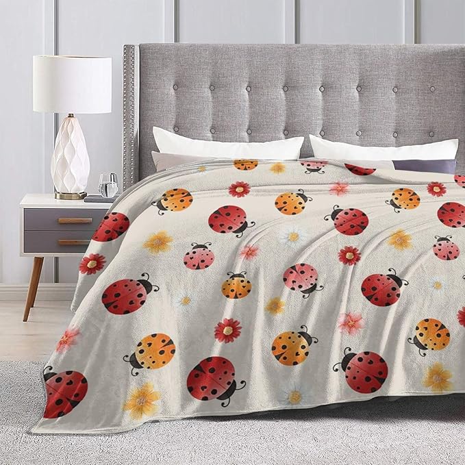 Ladybug Throw Blanket - Cute Decor Stuff Merch, Cozy Print Flannel Fleece, Soft Plush Fuzzy Warm Lightweight Bedding, Gifts for Women Men Girls Kids 50"X40"