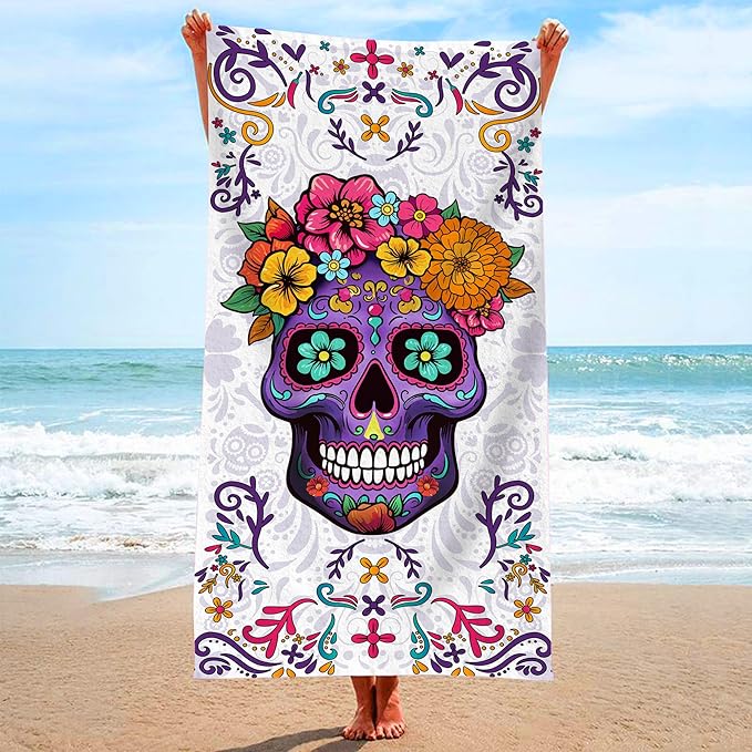 Bonsai Tree Sugar Skull Beach Towel, Purple Microfiber Bath Towel for Women, Sand Free Quick Dry Travel Towels Sugarskull for Women Yoga Sports Adults 30" X 60"