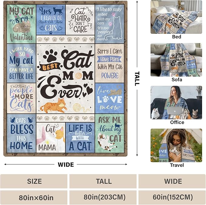 Cat Mom Gifts for Women Blanket, Cats Themed Lover Gift Blankets for Cat Lovers, for Mom, Crazy Cats Lady Gifts, 60"X80"