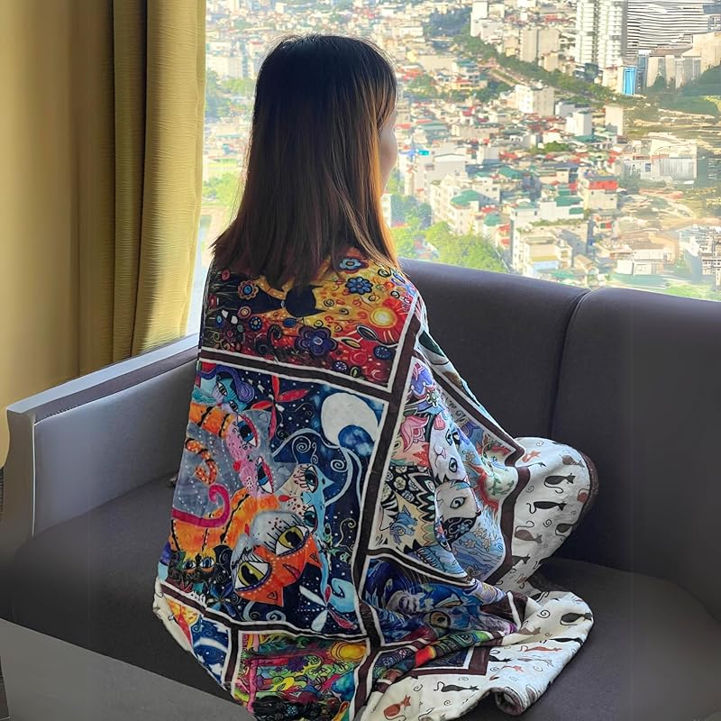 Throw Blanket - Colorful Cat Design Boho Blanket, Ultra Soft Rustic Quilt For Sofa, Couch, Bed, Bath Towels - Lightweight Bohemian Blankets - Cute Decorative Throw Coverlet (39x59 inch)