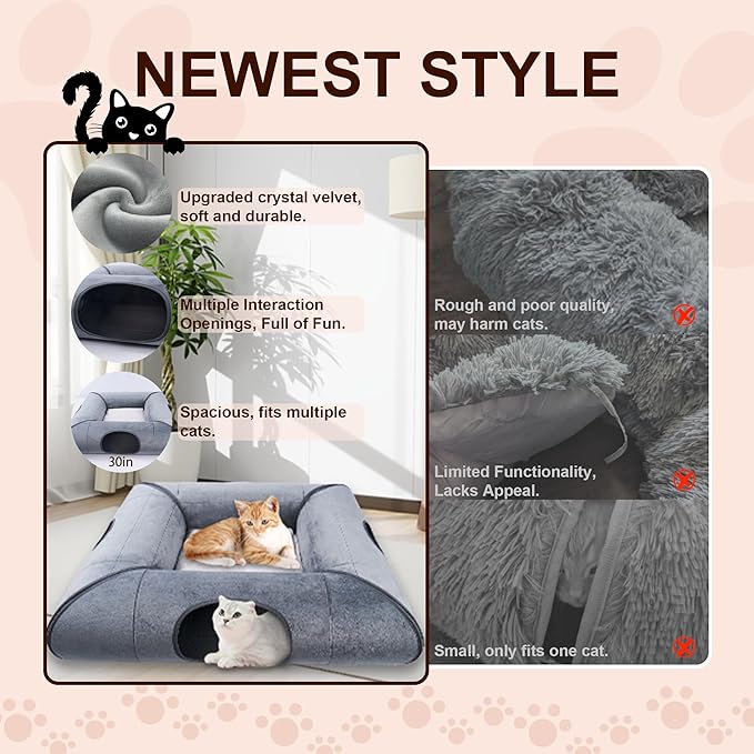 Hilltown Cat Tunnel Bed for Indoor Cats,Metal-Free Design,Scratch-Resistant Multi-Functional Cave,4 Safe Windows,Keeps Cats Safe and Entertained-Large