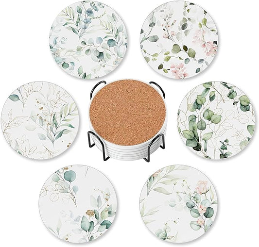 6 Pcs Drink Coasters with Holder,Abstract Watercolor Floral Green Leaves Absorbent Round Ceramic Coaster for Tabletop Protection,for Coffee Cup Beverage Coasters Wine Beer Bar