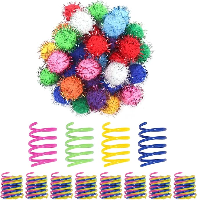 SEVENKA Cat Toys 30 Pcs Color Flash Balls and 36 Spring Toys, 1.1in Small Soft Cat Toy Ball Tinsel Pom Poms, Kitten Toys, Plastic Spiral Springs for Cat Swatting, Biting, Hunting, Active Healthy Play