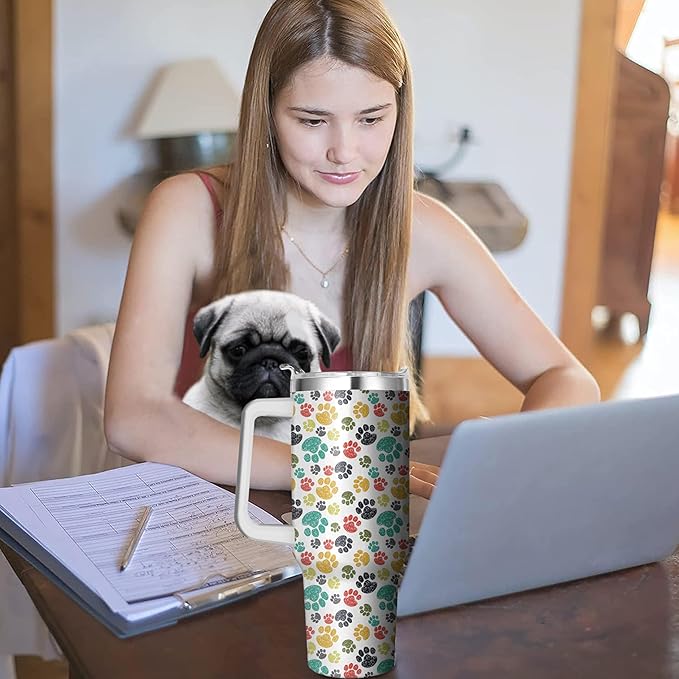 40 Oz Paw Print Tumbler With Handle and Straw, Double Wall Stainless Steel Cup, Insulated Coffee Mug for Cat Mom or Dad, Leak Proof Insulated Mug for Women Gifts