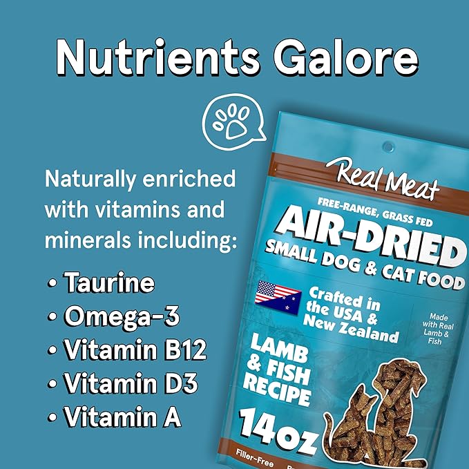 Real Meat Air Dried Cat Food & Dog Food w/ Real Lamb & Fish - 1.75lbs of USA-Crafted Grain-Free Dry Dog & Cat Food Sourced from Free-Range Lamb & Ocean-Caught Fish - All Natural, High Protein Pet Food