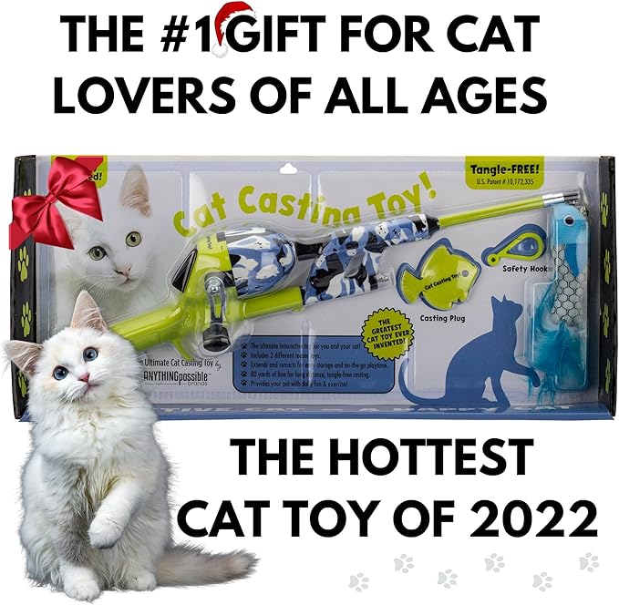 Cat Caster Fishing Pole Toy | Tangle Free, Retractable & Easy to Store. Includes Two Interchangeable Teaser Toys | The Ultimate Gift for Kitty Lovers, Cat Camo