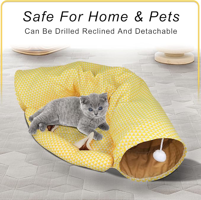 Andiker Cat Tunnels for Indoor Cats with Mat, 2 in 1 Collapsible&Zipper Detachable Soft Cat Bed with A Plush Ball Hideout Cat Interactive Toy Easy to Wash and Clean for All Seasons (Yellow, Moon)