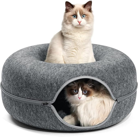 Cat Tunnel Bed, FULUWT Cat Tunnel with Ventilated Window for Indoor Cats, Cat Cave for Hideaway, Anti-Collapse Felt Donut Tunnel for Small Pets. (20 Inch, Dark Grey)