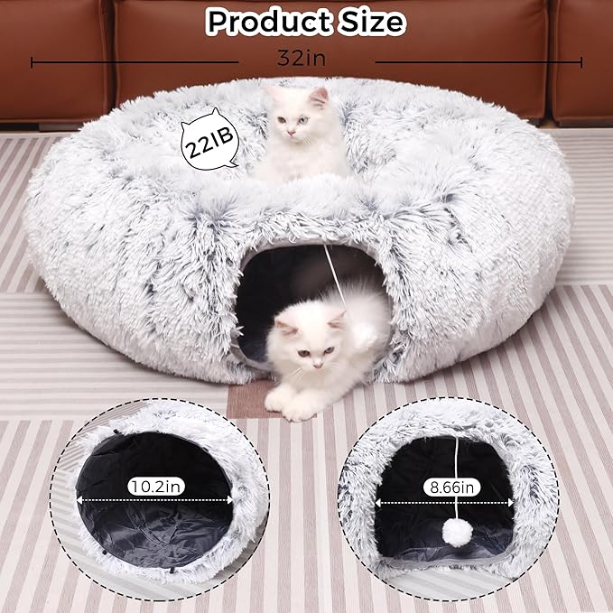 Plush Cat Tunnel with Cat Bed for Indoor Cats, Multifunctional Cat Donut Tunnel for Small Medium Large Cats Kitten Rabbit Puppies