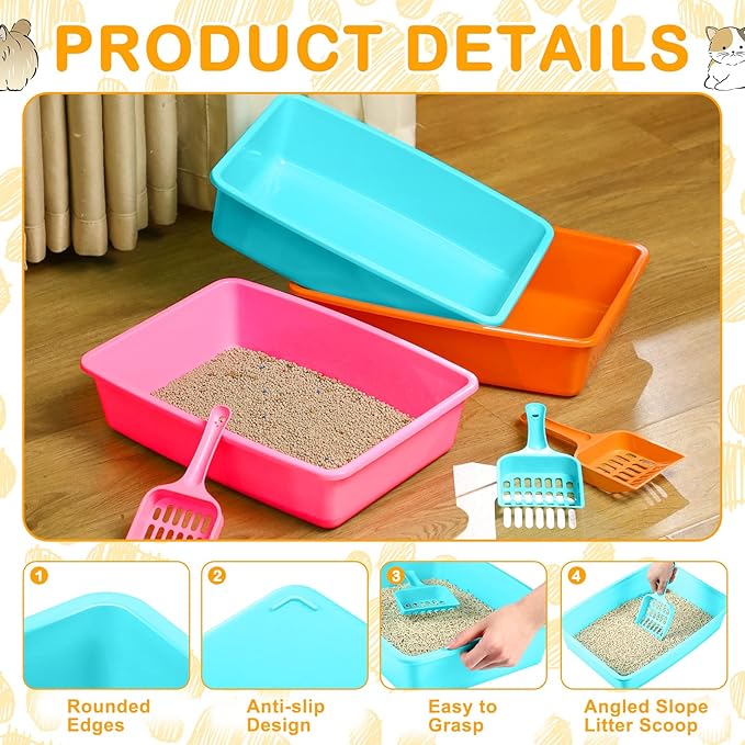 Amyhill 10 Pcs Open Cat Litter Box Kitten Litter Pan with 10 Scooper Medium Plastic Litter Tray Durable Nonstick Litter Box for Indoor Pets Cats Rabbit Supply Easy to Clean,14.6x10.6x3.4 Inch, 5 Color
