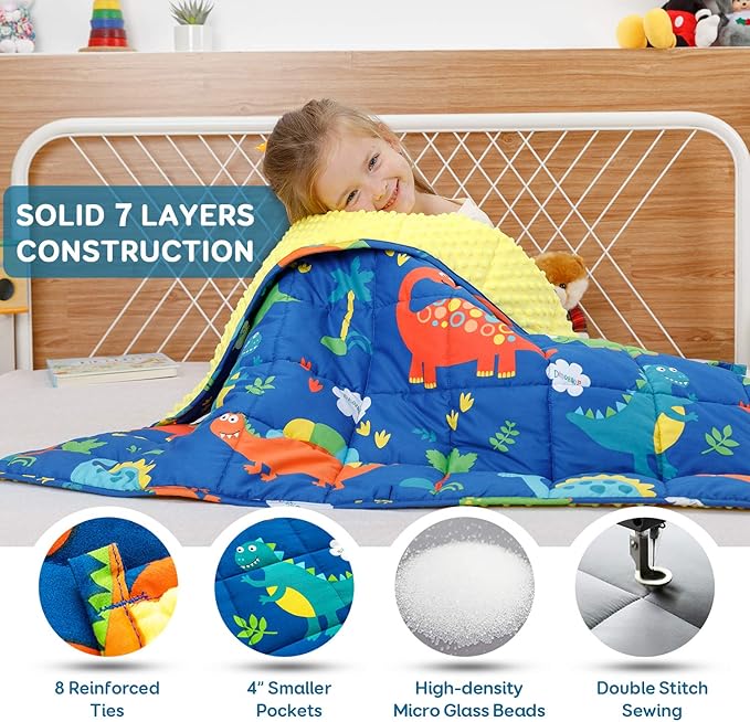 Sivio Weighted Blanket,100% Cotton and Minky Fleece Throw Blanket with Beads, Reversible Heavy Blanket, 3lbs 36x48 Inch, Blue Dinosaur