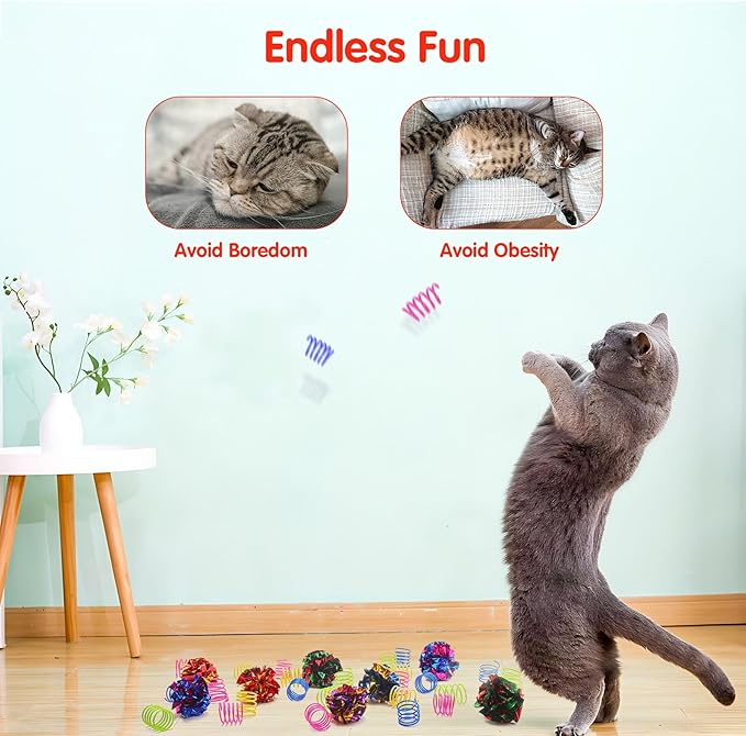 SEVENKA Cat Toys 8 Pcs Color Crinkle Balls and 24 Spring Toys, 2in/5cm Cat Toy Balls, Kitten Toys, Plastic Spiral Springs for Cat Swatting, Biting, Hunting, Active Healthy Play
