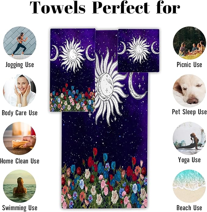 Sun with Star 3 Piece Towel Bathroom Sets, 1 Bath Towel, 1 Washcloth, 1 Hand Towel, Cotton Fast Dry Soft Absorbent Towel Set for Home Kitchen Family