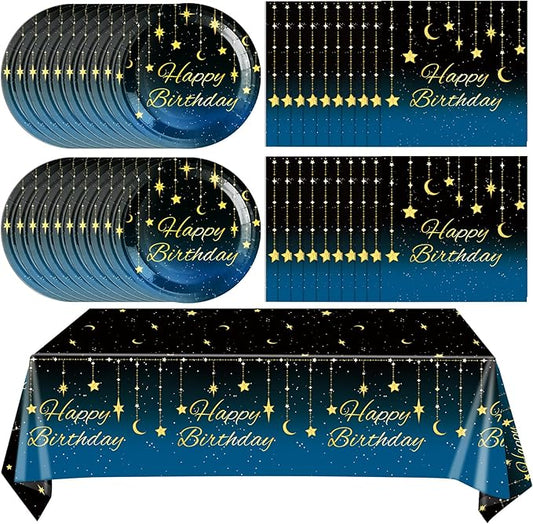 41Pcs Happy Birthday Party Decorations, Galaxy Night Party Tableware Set Includes 20 Plate 20 Napkins and 1 Tablecloth, Blue Starry Sky Birthday Theme Party Supplies for Mens Women Party Favors