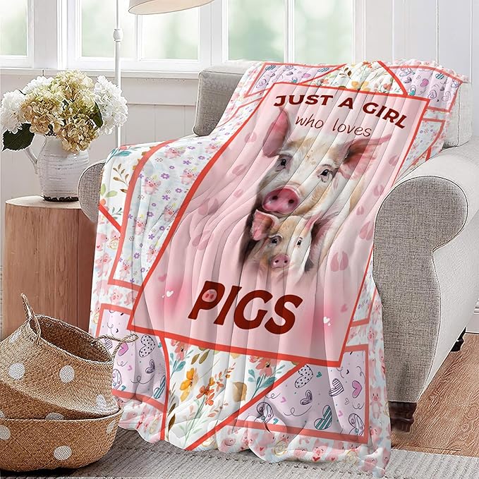 Cute Pig Blanket Just A Girl Who Loves Pigs Throw Blanket Ultra Soft Cozy Fleece Flower Animal Gift Fuzzy Plush Bedding Blankets for Kids Teens Adults Girls Boys Women Men 50"x40"