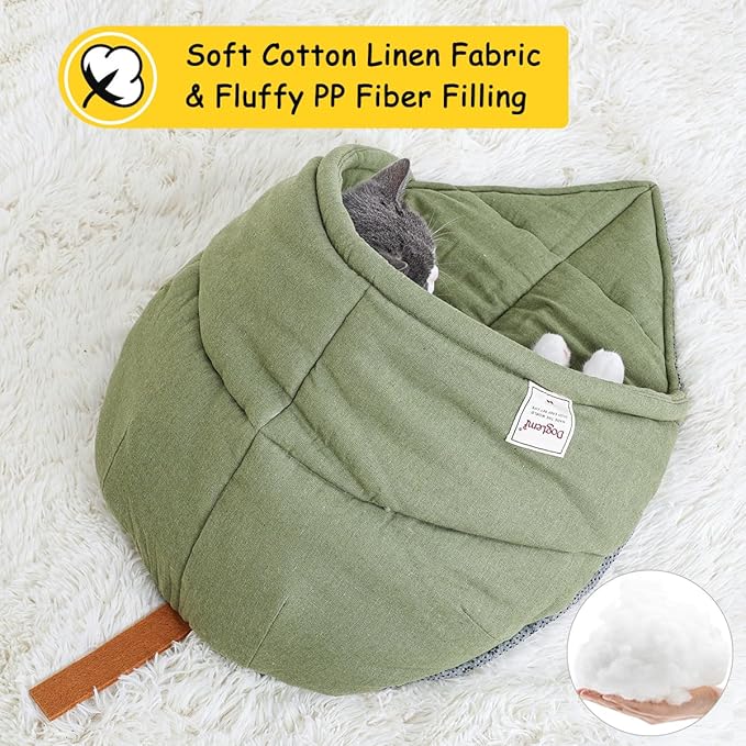 Cat Sleeping Bag,Linen Fabric Cat Bed Cave Leaf Nest Pet Cuddle Zone Covered Hide Hood Burrowing Cozy Soft Durable Washable with Non-Slip Bottom for Indoor Puppy and Kitten (Green with Support)