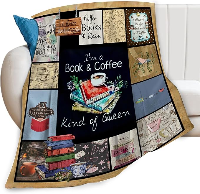 Book and Coffee Print Blanket Coffee Cup Cafe Throw Blankets for Couch Sofa Bed Stuff Decor Lightweight Soft Cozy Fleece Plush Warm Flannel Bedding Blanket Gifts for Girls Boys Kids Adults 60"x80"