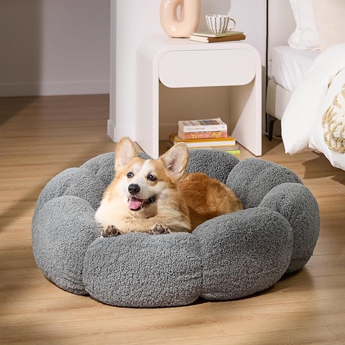 Lesure Calming Large Dog Bed - Flower Donut Round Fluffy Puppy Bed in Plush Teddy Sherpa, Non-Slip Cute Flower Dog Beds, Large Pet Bed Fits up to 100 lbs, Machine Washable, Grey 36"