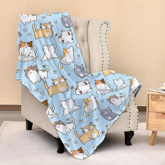 Cute Kids Cats Print Blanket Throw 60"x50", Plush Flannel Blankets with Cats on It, Gifts for Boys Girls Cat Lovers People