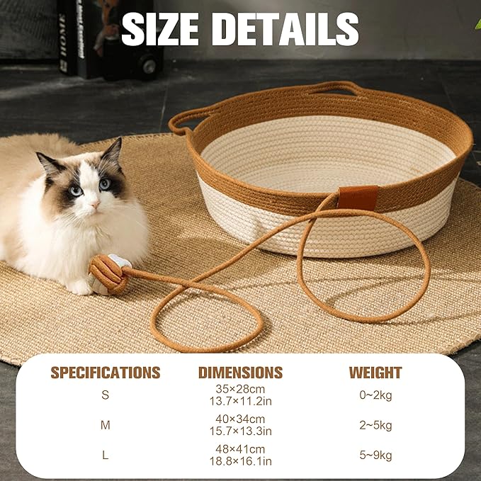 Hand Woven Cat Bed Basket Nest Round with Toy Tail, Natural Cotton Linen Cat Scratch Pad, Pet Sleeping Bed House Scratcher Scratch Mat Pad for Puppy Small Dogs Indoor Cat Summer (Medium)