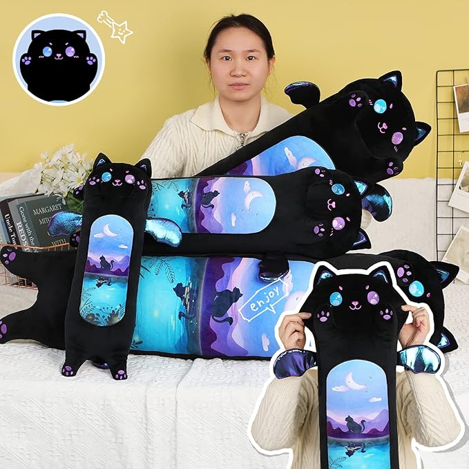 AIXINI Long Cat Plush Pillow Cartoon Cute Black Cat Stuffed Animals, Soft Kawaii Kitten Plushies Pillow Toy for Kids (Moonlight Black,43.3inch)