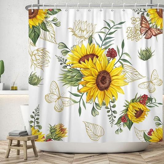AWERT Vibrant Sunflower Shower Curtain for Bathroom,Waterproof Fabric Plants Shower Curtain with Hooks 72x78 inch