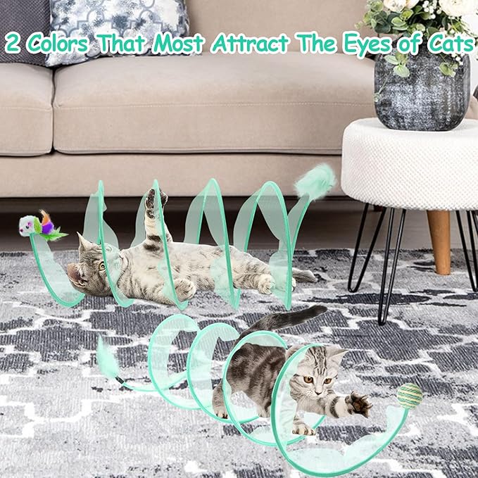 2 Packs Folded Cats Tunnel Spring Toy, Kitten for Indoor Cats Collapsible Cute Tunnel Foldable Pet Played Bed Interactive Toy with Feather Mouse Hemp Ball Green Elastic Tubes Attract Cat