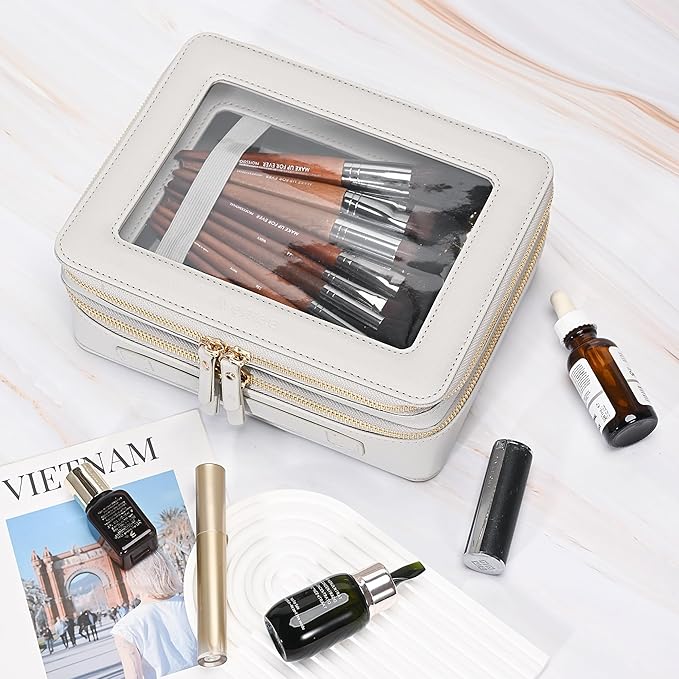 Aveniee Clear Makeup Bags, Double Layer Cosmetic Bags with a Separate Brush Compartment, Large Travel Toiletry Bag Skincare Train Case for Women, Travel Accessories Organizer(2 Layers Large, Grey)