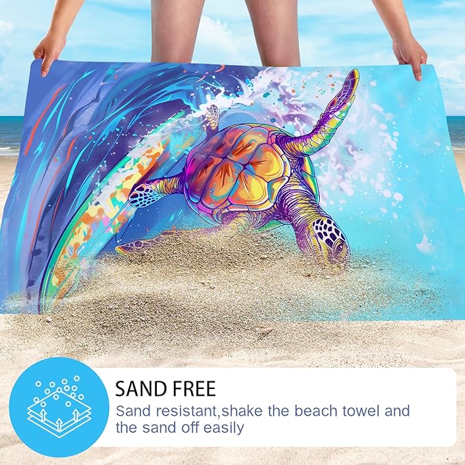 WZOMT Microfiber Turtle Beach Towel Oversized, Funny Sea Turtle Surfing Blue Ocean Pool Towel, Quick Dry Animal Print Bath Towel, Soft Absorbent Towels for Swim Travel Yoga Sports 32x52 Inch