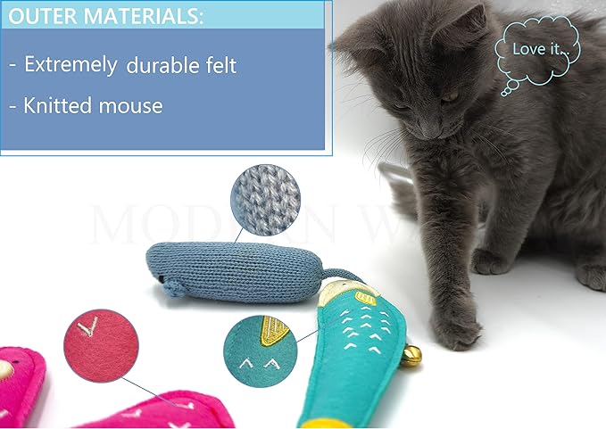 MODERN WAVE - Catnip Handmade Kittens Cats Toys Collection in Gift 4-Pack Box (Felted Fish, Lama, Knitted Mouse with Bell, Cat Heart Teaser)