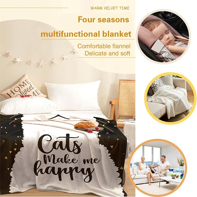Cat Make Me Happy Throw Blanket Super Soft Cozy Black Cats Blanket for Kid Adult Women Men Cat Lovers Gift Cute Pet Cats Fleece Blanket for Couch Bed Sofa Chair Dorm Home Decor 60"x 50"Medium for Teen