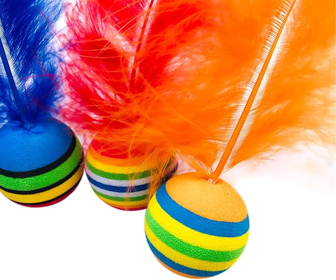 PET SHOW Pack of 5pcs 1.4” Cat Toys Balls Soft EVA Foam with Feathers Colorful Rainbow Toy Balls Interactive Kitten Cats Small Dogs Puppies Doggies Quiet Indoor Outdoor Play Activity Chase Training
