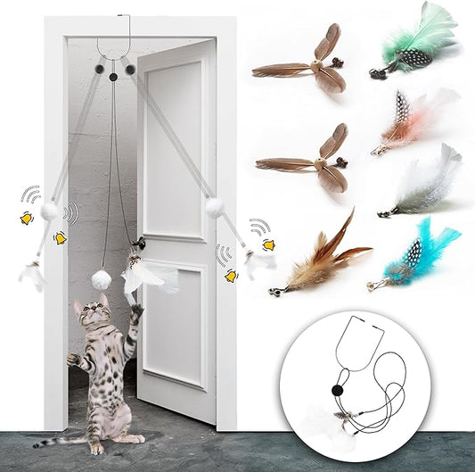 Retractable Cat Feather Toys 7PCS Refills with Bell, Interactive Doorway Hanging Teaser Toys for Indoor Cats, Kitten Play Exercise Feather Teaser Toys