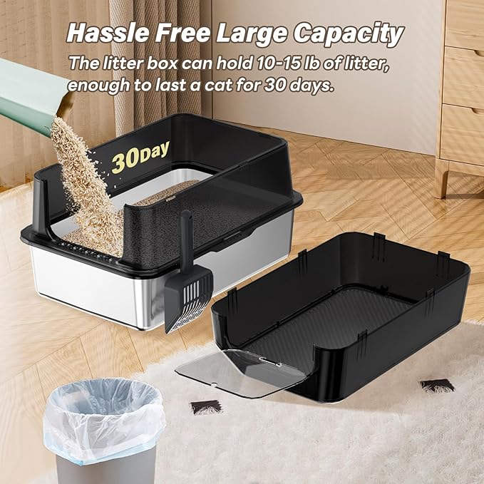 Black Translucent Stainless Steel Cat Litter Box with Lid Metal Extra Large Litter Box Enclosed Stainless Steel Litter Box Deodorize Non Sticky Easy to Clean Include Shovel(Black Translucent)