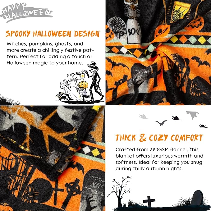 Ghost Halloween Blanket 50” x 70” Reversible Castle Gravestone Pumpkin Print Fleece Throw Blanket, 320 GSM Surper Soft Warm Cozy Blanket for Couch Sofa, Halloween Harvest Gifts and Orange Home Decor