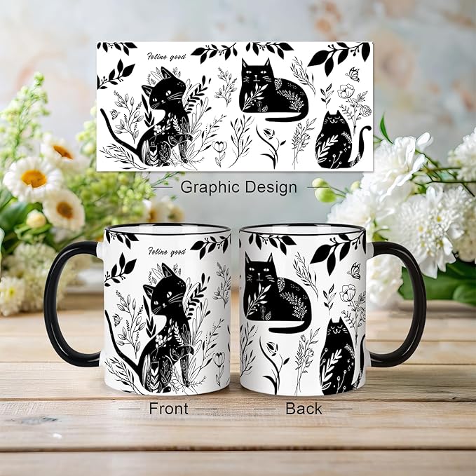 Black Cat Mug 11 Oz Black and White Boho Cats Coffee Mug,Birthday Gifts, Graduation Gift Mothers Day Gifts for Cats Lovers Women,Friends,Mom,Grandma Ceramic Coffee Mugs Microwave & Dishwasher Safe