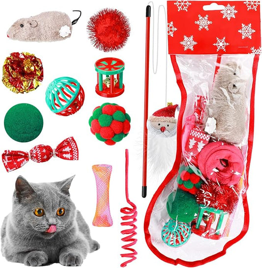 Sratte 12 Pieces Christmas Stocking Cat Toys Sets Christmas Cat Toys Stocking Stuffers Christmas Interactive Kitten Toys with Mouse, Squeaky Toys, Balls, Cat Teaser for Indoor Cats