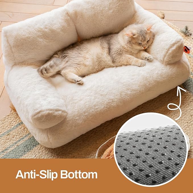 MEWOOFUN Cat Couch Bed for Indoor Cats, Washable Small Dog Beds for Medium Small Dogs & Cats up to 25 lbs, Fluffy Pet Beds with Non-Slip Bottom, 26×19×13 Inch (Beige)