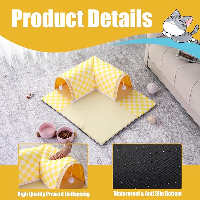 Plush Cat Donut Tunnel Bed for Indoor Cats，Waterproof Soft Peekaboo Cat Cave,Fuzzy Cat Tunnels with 2 Hanging Cat Ball Toys,Machine Washable Small Cat Bed,Warm & Cozy Pet Beds for Kitten,Yellow