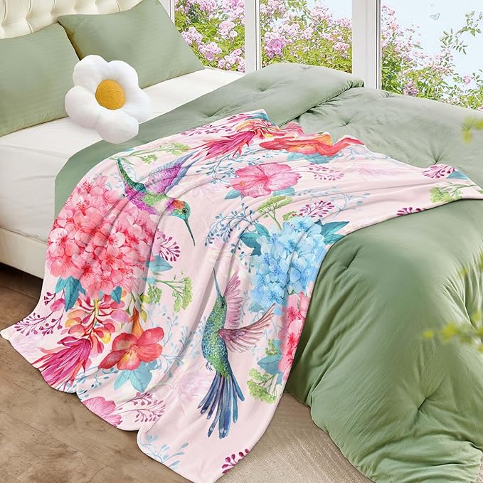 Floral Throw Blanket for Girls Women Colorful Birds Soft Fuzzy Flannel Bed Blanket for Adults Plush Watercolor Flowers Christmas Birthday Gifts,50x60”