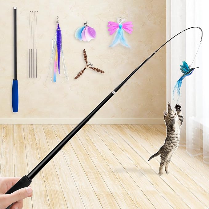 JXFUKAL 2025 Latest Cat Toys, 2 in 1 Spring Cat Wand Toy with 2PCS Ultra-Long Cat Teaser, 4PCS Spring Steel Wire & 5PCS Feather Refills for Kitty Kitten Indoor Cats Cat Accessories