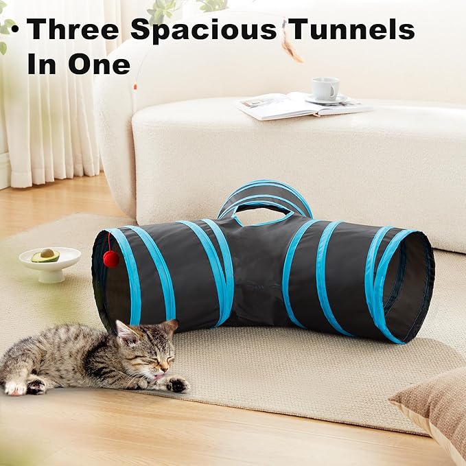 Love's cabin Cat Tunnel Tube Cat Toys 3 Way Collapsible, Cat Tunnels for Indoor Cats，Kitten Tunnel Bored Pet Cat Play Tunnel with Peek Hole Toy Ball for Cat, Kitty, Kitten, Rabbit, Puppy Blue