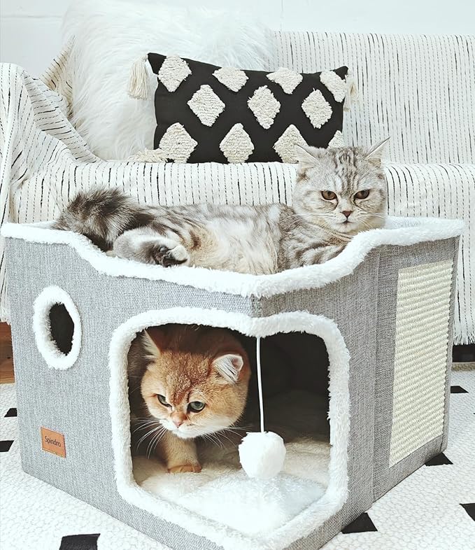 Large Cat Bed for Indoor Cats, Foldable Adult Cat Cave Anti Anxiety Cat House Cube with Scratch Pad Cat Towers, Cute Kitten Condo Hideaway Hut with Soft Pillow Mat for 2 Pets Under 30 lbs