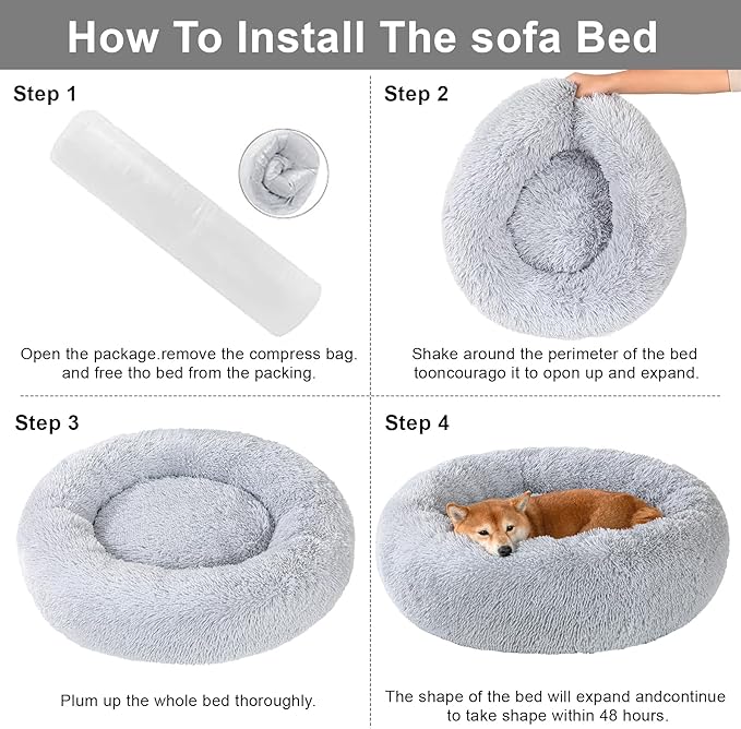 Dog Bed Calming Dog Beds for Small Medium Dogs - Round Donut Washable Dog Bed, Anti-Slip Faux Fur Fluffy Donut Cuddler Anxiety Cat Bed(Light Grey 32")