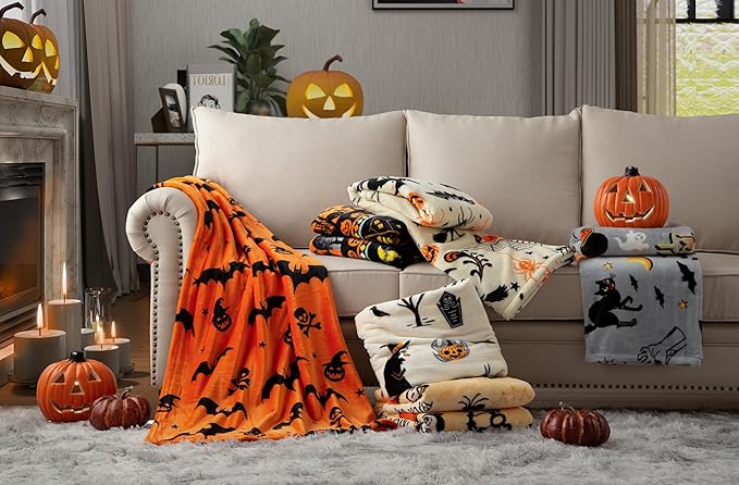 Pumpkin Halloween Throw Blanket 50” x 70” Reversible Castle Cat Bat Print Fleece Throw Blanket, 320 GSM Surper Soft Warm Cozy Blanket for Couch Sofa, Halloween Harvest Gifts and Orange Home Decor