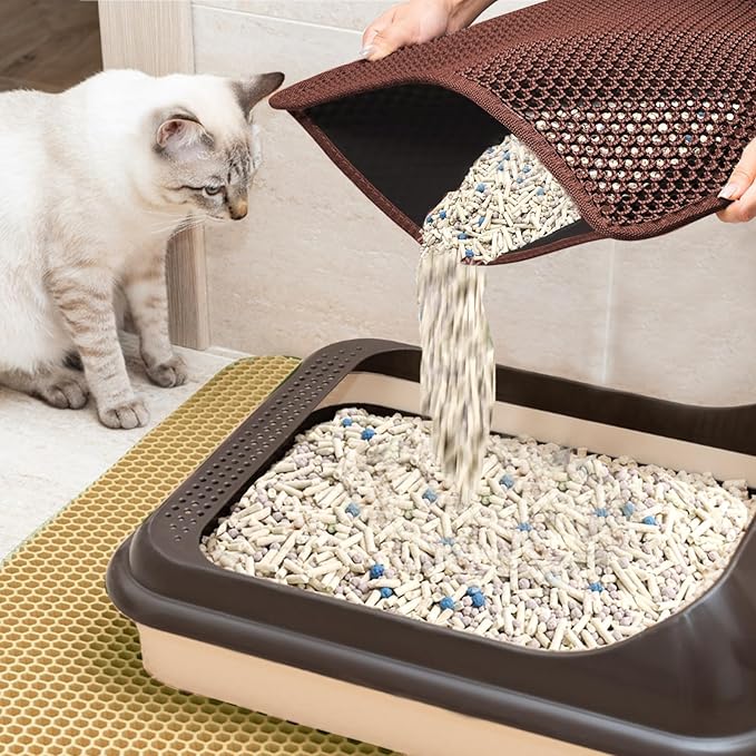 2025 𝗡𝗘𝗪 Waterproof Cat Litter Mat | Double Layer EVA, Odor-Free Large Grid | Urine Proof & Easy Cleanup | Soft on Paws | Versatile Design for Litter and Feeding (Brown, 22×31)