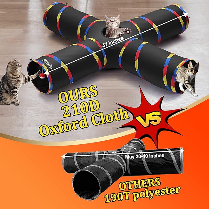 4 Way Large Cat Tunnels for Indoor Cats - 10" Diameter & 47" Long Cat Play Tunnel Toy - Cat Tube with Play Ball & Mouse Toy - Interactive Peephole (Black)