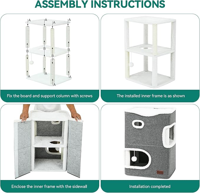 YIATHOME 2 Storey Cat House, Cat Beds for Indoor Cats, Small Cat Condo with Scratch Post and Hideaway Cave, Modern Cat Cube Playhouse for Multi Kittens, Classic Style, Grey