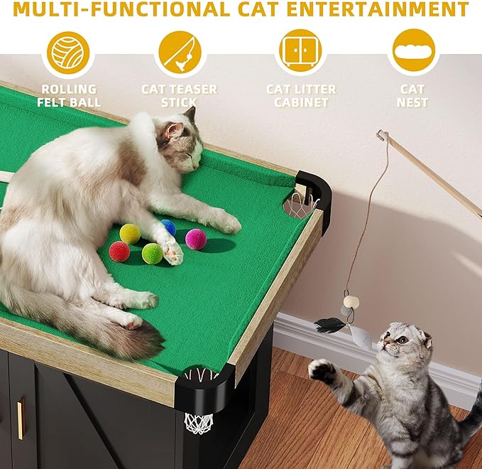 DWVO 4 in 1 Cat Toys Mini Pool Table for Cats, Litter Box Enclosure for Cat Pool Table Tower with Feather Wand Interactive Exercise Play Rest Beds & Litter Box Furniture, Black, Medium