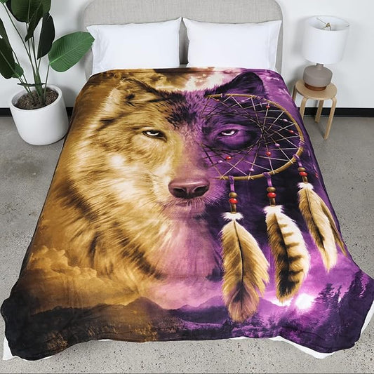 Dawhud Direct Wolf Dreamcatcher Fleece Blanket - 50x60 Inches Soft Plush Throw for Kids and Adults - Cozy Wolf Blanket for Bed, Couch, or Outdoor Use - Machine Washable, Warm Wolf-Themed Decor